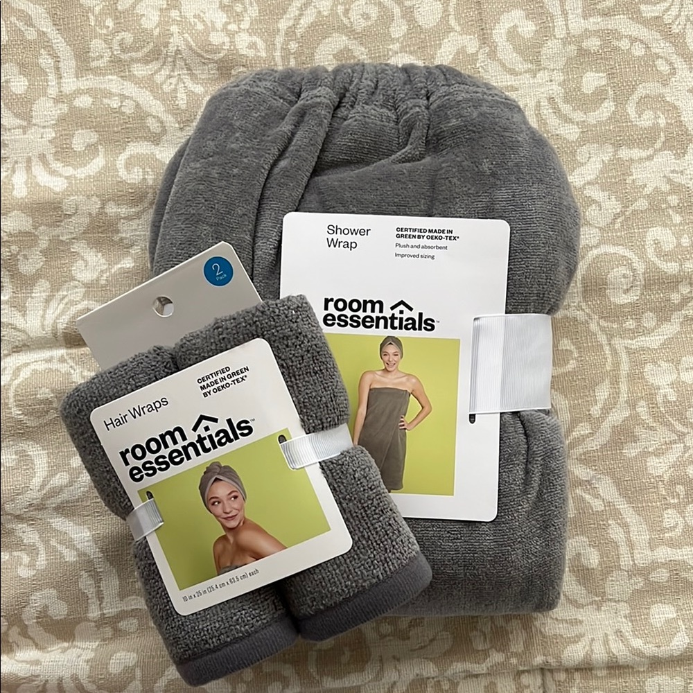 Room Essentials Gray Shower Wrap and Hair Wrap Set